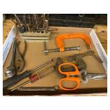 Assorted hand tools to include drillbits, pliers, ratchet, C-clamps, and more. See pictures for details.