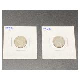 1908 and 1909 Barber dimes, two pieces, see pictures for details.