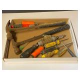 Assorted hand tools to include hammers, and screwdrivers,  see pictures for details.