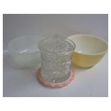 Pyrex Yellow Bowl, Murano Style Glass Bowl, Vintage Crystal Lidded Biscuit Jar and MilkGlass Plate