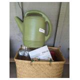 WICKER BASKET AND CONTENTS INCLUDING GOJO HAND WASH, WATERING PAIL, GLASS KITCHEN STORAGE, KITCHEN UTENSILS, AND MORE