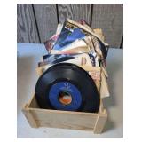 WOODEN BOX WITH 45 RPM SINGLE RECORD COLLECTION
