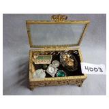 Ornate Metal and Glass Jewelry Box & Estate Jewelry Contents