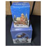 HAND PAINTED FIGURINES INCLUDING FARMERS SUPPLY BUILDING AND SANTA CLAUS GLOBE, BOTH IN ORIGINAL BOXES