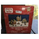 MERRY BRITE 16-PIECE LIGHTED PORCELAIN VILLAGE SET IN ORIGINAL BOX