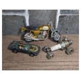 STEAMPUNK FOLK ART SPARK PLUG CAR FIGURE, VINTAGE HONDA MOTORCYCLE MODEL, AND VINTAGE FIREBIRD HOT WHEELS