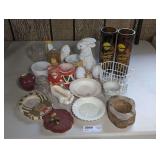 DECORATIVE FIGURINES, CANDLESTICKS, FOSTORIA MUG, AND MORE IN TABLETOP AREA MARKED 3058