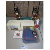 LIFESTYLES SHOE MOTIF CELL PHONE HOLDERS IN ORIGINAL BOXES, DOUBLE NUTCRACKER MERRY CHRISTMAS FIGURINE, AND MORE IN TABLETOP AREA MARKED 3060