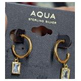 Aqua Sterling Silver Gold Tone Hoop Earrings with Crystal Drops