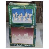 VINTAGE 11-PIECE WHITE PORCELAIN NATIVITY SET AND WORLD SHOWCASE GIFT COLLECTIONS POLY RESIN POLAR PALS FIGURINES, BOTH IN ORIGINAL BOXES