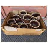 BOX FILLED WITH HULL BROWN DRIP GLAZE RIBBED PEDESTAL PLANTERS