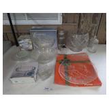 DECANTER AND FORMAL GLASS SERVING PIECES IN MIDDLE TABLE AREA MARKED 3042, SOME WITH ORIGINAL BOXES
