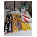 VINTAGE LOT INCLUDING MINI CLIPS, ROLLING RULER, MID-CENTURY BOOK MOTIF BANKS, TWIST OPEN JAR AND BOTTLE OPENERS, WRAPPING TISSUE, AND MORE
