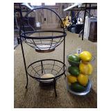 Two-Tiered Fruit Basket and Glass Jar with Faux Fruit