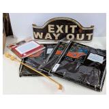 Mixed Lot: Metal Exit Way Out Sign, Plastic Table Skirts, Drawing Toy, and More