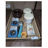KNOCKDOWN CRATE AND CONTENTS INCLUDING VINTAGE WESTCLOX TRAVEL CLOCK, FLASHLIGHT, HEAVY DUTY ROLLER CASTERS, AND MORE