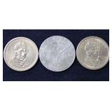 (2) $1 Presidential Coins & (1) 1988 Tunisia 1 Dinar Coin