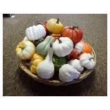 Basket of Assorted Faux Pumpkins and Gourds