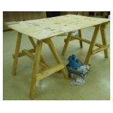 (2) WOODEN SAWHORSES & PLYWOOD TABLE