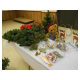 (2) WREATHS, CHRISTMAS GREENERY, (3) TREES, (2) REINDEER BOXES, TEDDY BEAR & FISHING ORNAMENT