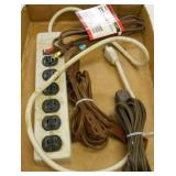 (1) SURGE PROTECTOR, (1) NEW EXT CORD, (2) USED CORDS