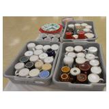 (45) VARIOUS COFFEE CUPS, (6) CHRISTMAS COFFEE CUPS, NAPKINS, PLASTIC HOLIDAY SERVING PLATTERS