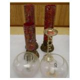 (3) TALL MULTI COLOR CANDLE HOLDERS, (2) GLASS GLOBES, (1) NOEL CANDLE HOLDER