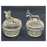DEN… Clear vintage powder jars, set of two, believed to be vintage Jeanette glass, see pictures for details.