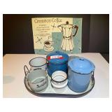 BR4… Vintage enamelware tray with assorted enamelware cups and canisters, see pictures for details.