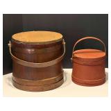 KIT…Vintage/antique large and small wooden firkin buckets, the large one has a homemade replacement lid, see pictures for details.