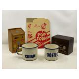 LR… Assorted vintage items to include an enameled metal coffee and creamer cups, vintage grocery store stamp saver with rooster motif, vintage popcorn box, and more. See pictures for details.