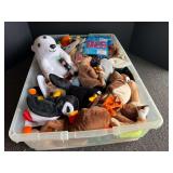 Storage tub of assorted beanie babies, and more. See pictures or details.