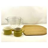KIT…Vintage sugar and creamer set, 2 quart glass mixing bowl/measuring cup, and paddle type cutting board, see pictures for details.