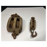 Antique wooden block and tackle pulleys, two pieces, see pictures for details.