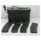 DEN…Ammo box containing four 30 round clips, loaded with some 223 rounds, all clips may not be full, see pictures for details.