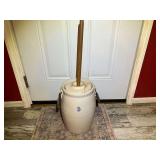 DEN… Stoneware butter churn, 3 gallon, with lid, dasher, and handles. The lid has been broken but repaired, still has a chip, see pictures for details.