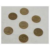 U.S. $1 coin from the Presidential Dollar Coin Program, seven pieces, with inscriptions and dates of presidency, see pictures for details.