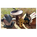 Yard decor to include bird houses, and a small terra-cotta birdbath, five pieces, see pictures for details.