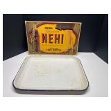DEN… Vintage enamelware tray, believed to be vintage medical equipment, also includes a vintage Nehi soda cardboard advertising sign, see pictures for details.
