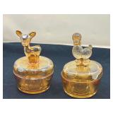DEN…Vintage powder jars, two pieces, believed to be vintage Jeanette Marigold carnival glass, see pictures for details.