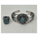 Beautiful sterling cuff bracelet with matching ring, both pieces are stamped 925, stones are believed to be larimar, see pictures for details. ￼