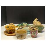 Assorted outdoor decor to include ceramic quail figurines from Arnel’s, vintage planters, vintage Pfaltzgraff butter crock, and more. See pictures for details. ￼