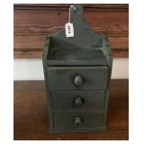 DEN… Vintage small wooden spice/apothecary wall mount chest. Has three drawers, see pictures for details.