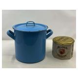 KIT…Vintage blue enamelware pot, likely a stockpot or flour bin, from the Swedish company Kockums Jernverk.