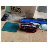 Large mystery box of assorted items to include a small Targus tripod, shelf organizer, assorted flags, maybe drone related, please inspect, see pictures for details.