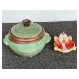 Stoneware pottery bowl, the rim has been chipped, also includes a vintage chubby chicken soap dish/trinket bowl, see pictures for details.