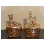 KIT… Vintage powder jars, two pieces, believed to be vintage Jeanette Marigold carnival glass, see pictures for details.
