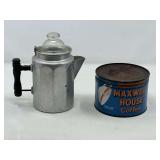 KIT… Vintage Maxwell House coffee can and vintage aluminum coffee pot, see pictures for details.