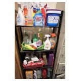 Laundry… Metal four shelf shelving unit, includes all content of assorted cleaning items, see pictures for details.