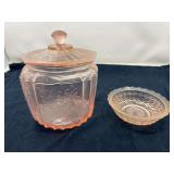 DEN… Lovely covered pink depression glass jar, believed to be vintage Anchor Hocking, “Mayfair”, also includes a small pink depression glass dish with diamond pattern, believed to be vintage Jea